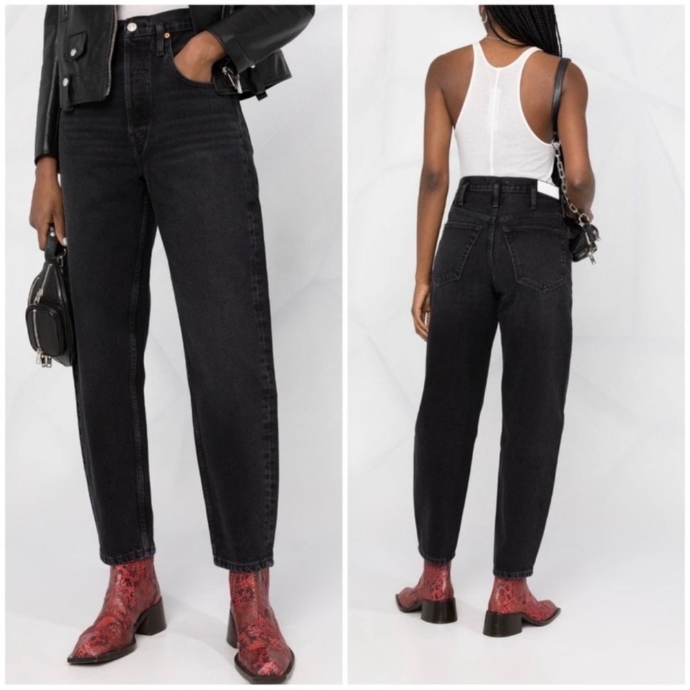 Re/Done Black 80s Peg Leg Hidden Button Fly Tapered Leg Jeans Black Wash SZ 28